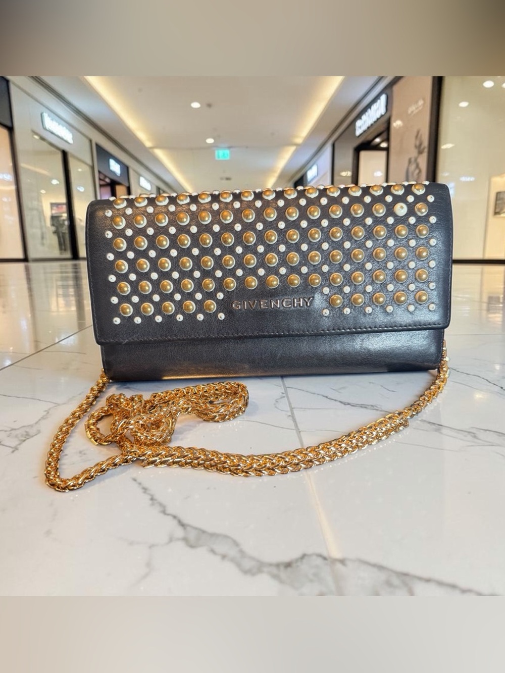 Givenchy Black Leather Studded Chain Shoulder Bag Wallet with Gold Hardware